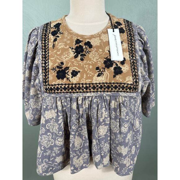 Unsubscribed Blouse Womens Size 2 Smocked Peplum Floral Boho Short Sleeve Casual - Picture 2 of 12